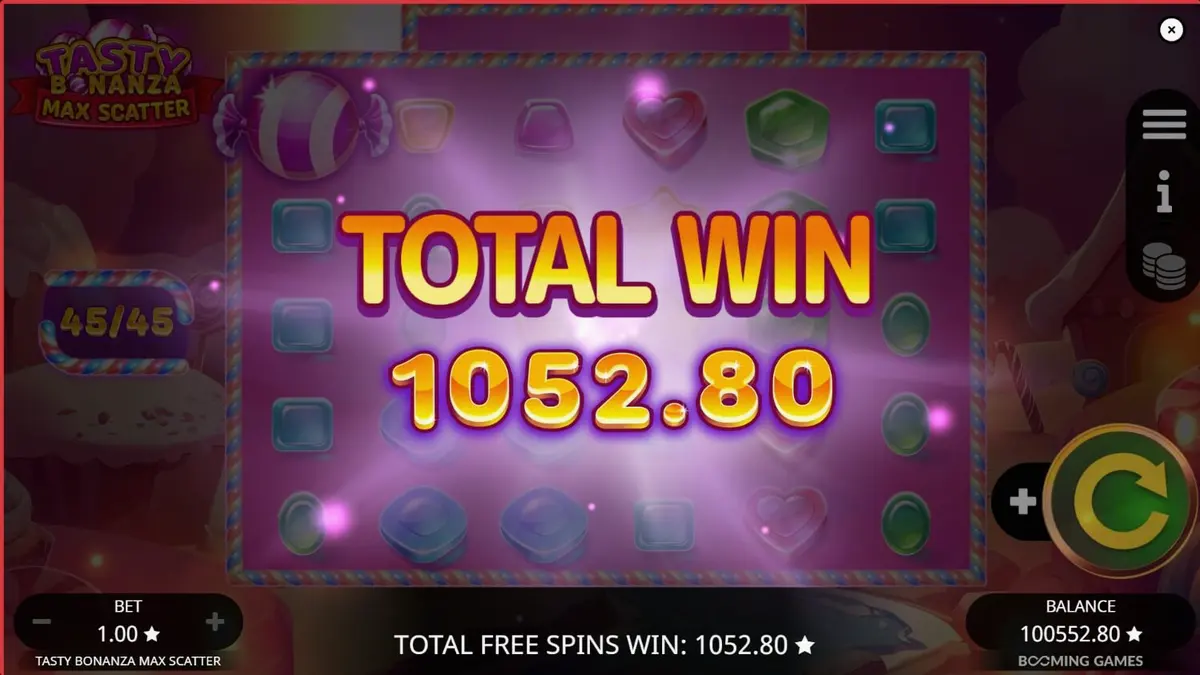 Tampilan layar ponsel yang menampilkan permainan slot Tasty Bonanza Max Scatter dengan grafis permen yang cerah.